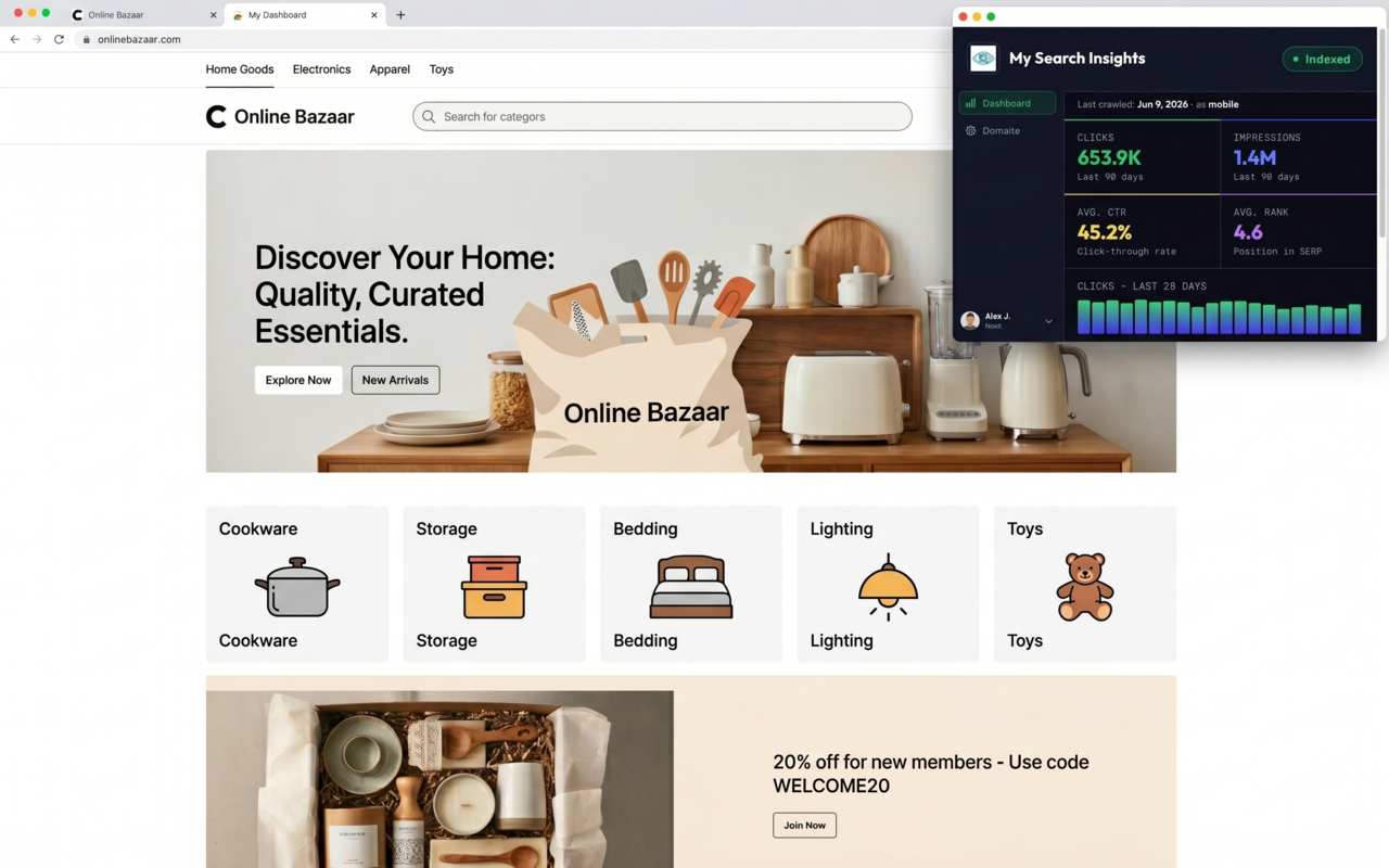 My Search Insights Chrome extension popup showing GSC clicks, impressions, indexing status, and top keywords for a webpage